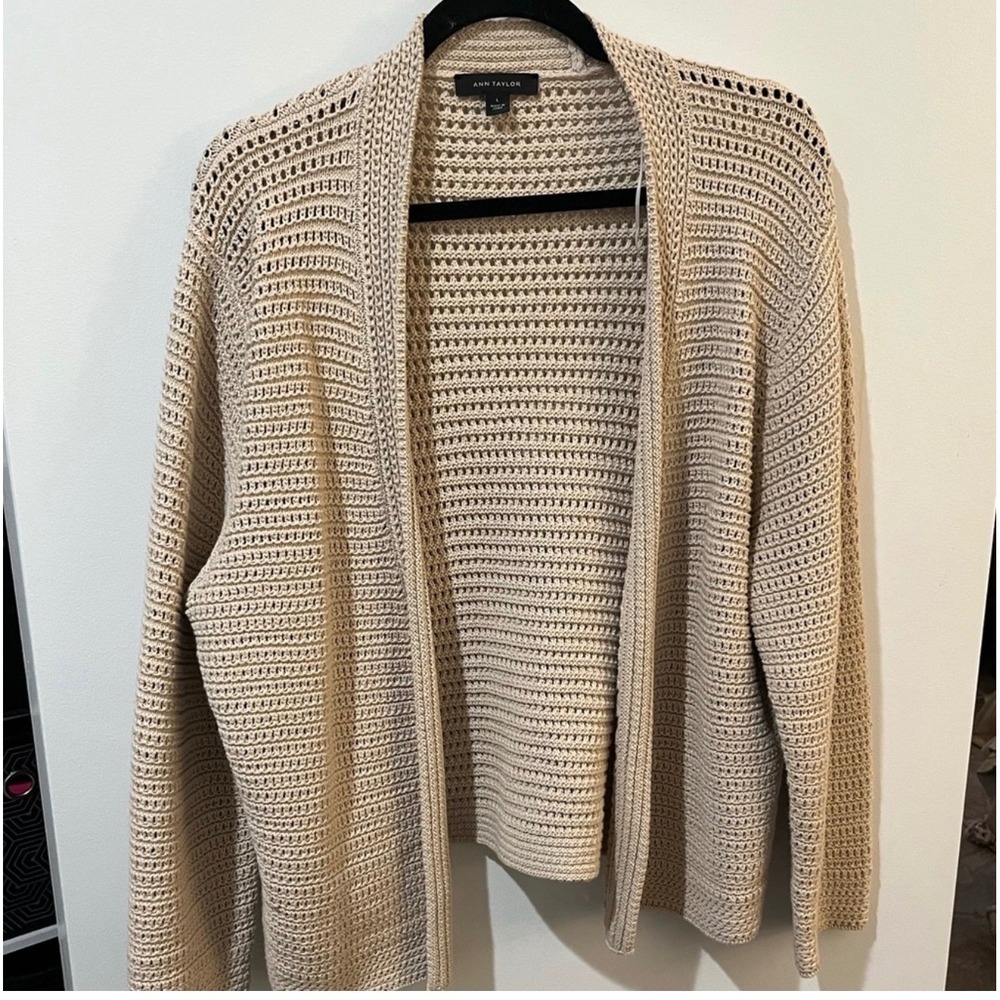 Ann Taylor Beige Cotton Crochet Pointelle Open Front Cardigan Sweater Large